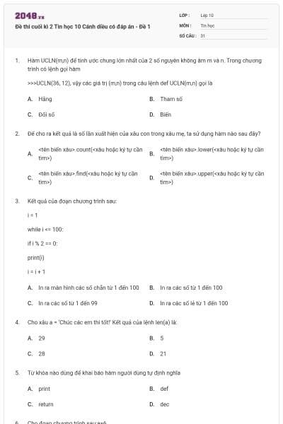 Đề thi cuối kì 2 Tin học 10 Cánh diều có đáp án - Đề 1