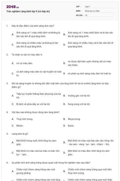 Trắc nghiệm Lăng kính lớp 9 (có đáp án)