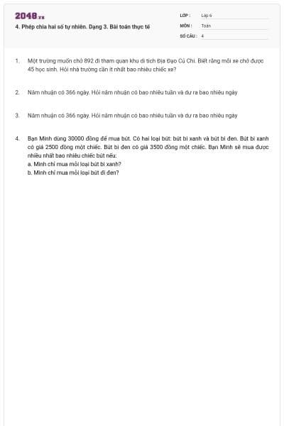 4. Phép chia hai số tự nhiên. Dạng 3. Bài toán thực tế