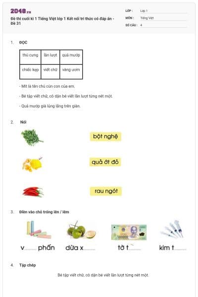 Đề thi cuối kì 1 Tiếng Việt lớp 1 Kết nối tri thức có đáp án - Đề 31