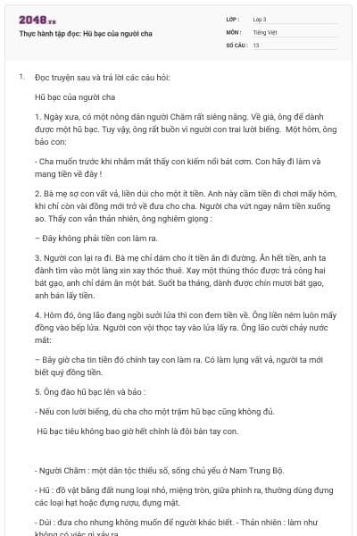 Thực hành tập đọc: Hũ bạc của người cha