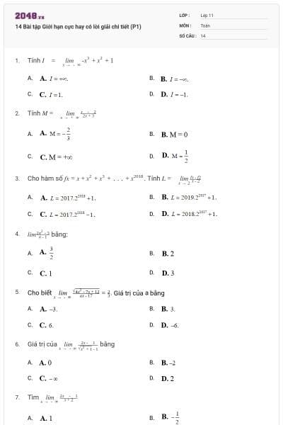 14 Bài tập Giới hạn cực hay có lời giải chi tiết (P1)