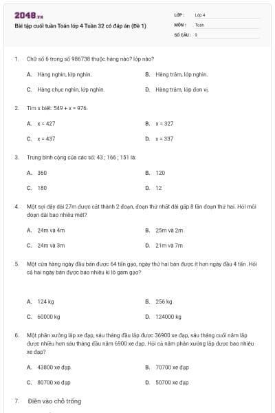 Bài tập cuối tuần Toán lớp 4 Tuần 32 có đáp án (Đề 1)