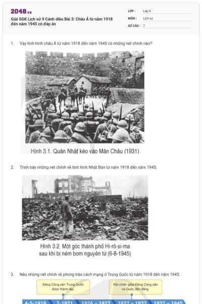 Giải SGK Lịch sử 9 Cánh diều Bài 3: Châu Á từ năm 1918 đến năm 1945 có đáp án