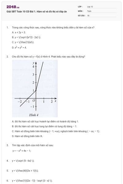 Giải SBT Toán 10 CD Bài 1. Hàm số và đồ thị có đáp án