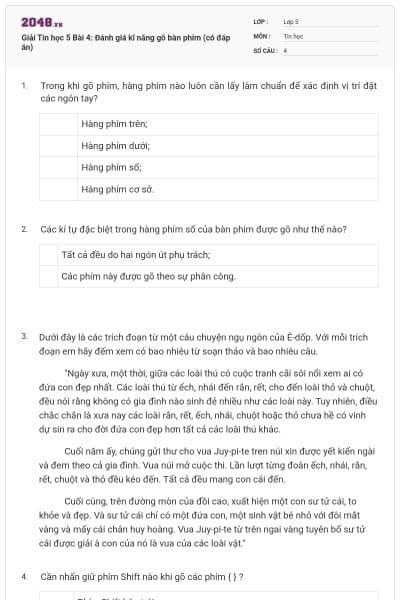 Giải Tin học 5 Bài 4: Đánh giá kĩ năng gõ bàn phím (có đáp án)