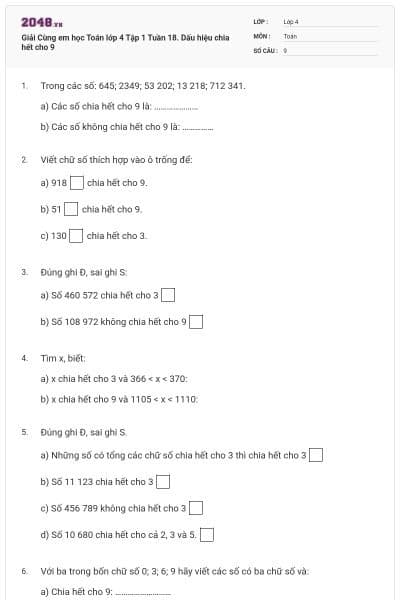 Giải Cùng em học Toán lớp 4 Tập 1 Tuần 18. Dấu hiệu chia hết cho 9