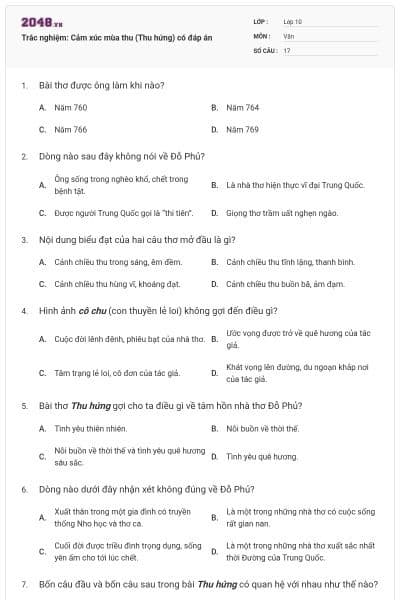 Trắc nghiệm: Cảm xúc mùa thu (Thu hứng) có đáp án