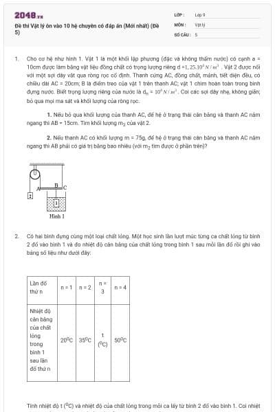 Đề thi Vật lý ôn vào 10 hệ chuyên có đáp án (Mới nhất) (Đề 5)