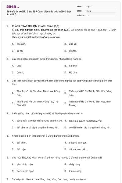 Bộ 6 đề thi cuối kì 2 Địa lý 9 Cánh diều cấu trúc mới có đáp án - Đề 3