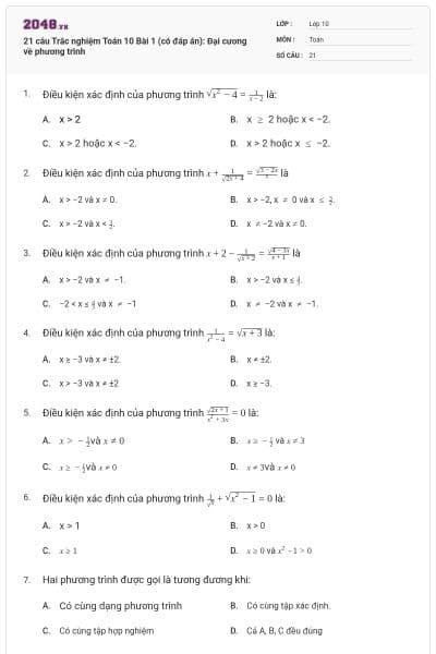 21 câu Trắc nghiệm Toán 10 Bài 1 (có đáp án): Đại cương về phương trình