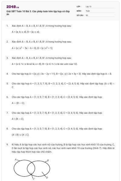 Giải SBT Toán 10 Bài 3. Các phép toán trên tập hợp có đáp án