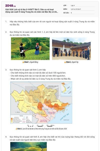 Giải SGK Lịch sử & Địa lí 4 KNTT Bài 5. Dân cư và hoạt động sản xuất Ở vùng Trung Du và miền núi Bắc Bộ có đáp án