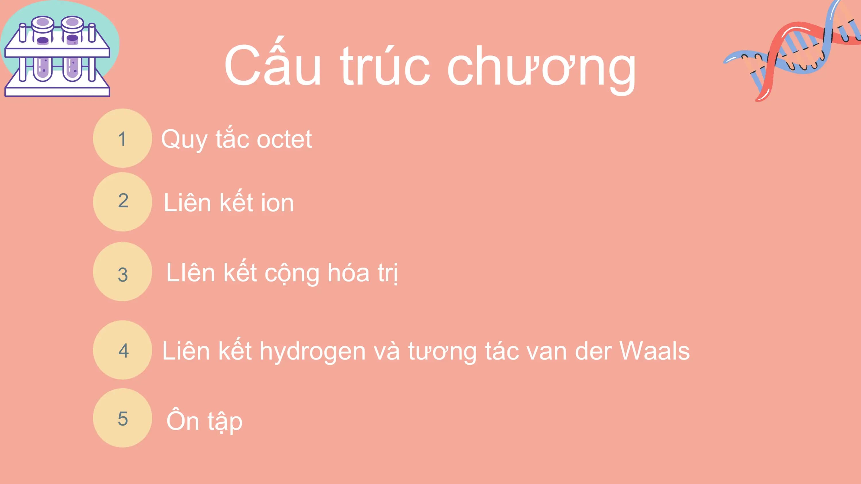Cấu trúc chương
1 Quy tắc octet
2 Liên kết ion
3 LIên kết cộng hóa trị
4 Liên kết hydrogen và tương tác van der Waals
5 Ôn tập