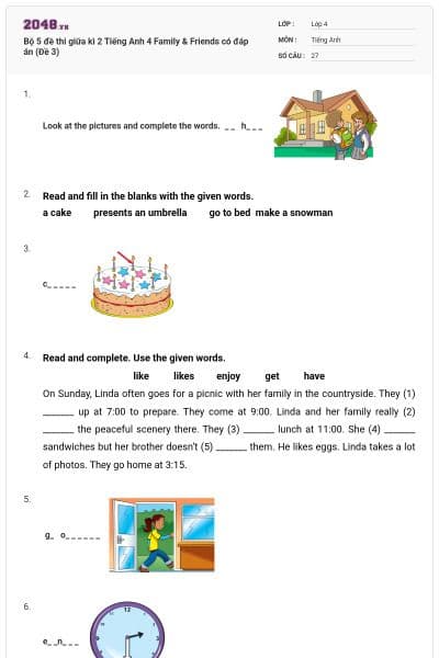 Bộ 5 đề thi giữa kì 2 Tiếng Anh 4 Family & Friends có đáp án (Đề 3)