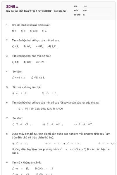 Giải bài tập SGK Toán 9 Tập 1 hay nhất Bài 1: Căn bậc hai