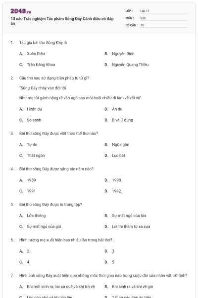 13 câu Trắc nghiệm Tác phẩm Sông Đáy Cánh diều có đáp án