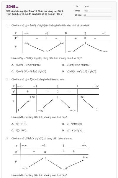 300 câu trắc nghiệm Toán 12 Chân trời sáng tạo Bài 1: Tính đơn diệu và cực trị của hàm số có đáp án - Đề 5