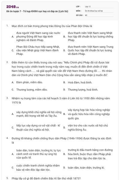 Đề ôn luyện 7 - Tổ hợp KHXH cực hay có đáp án (Lịch Sử)