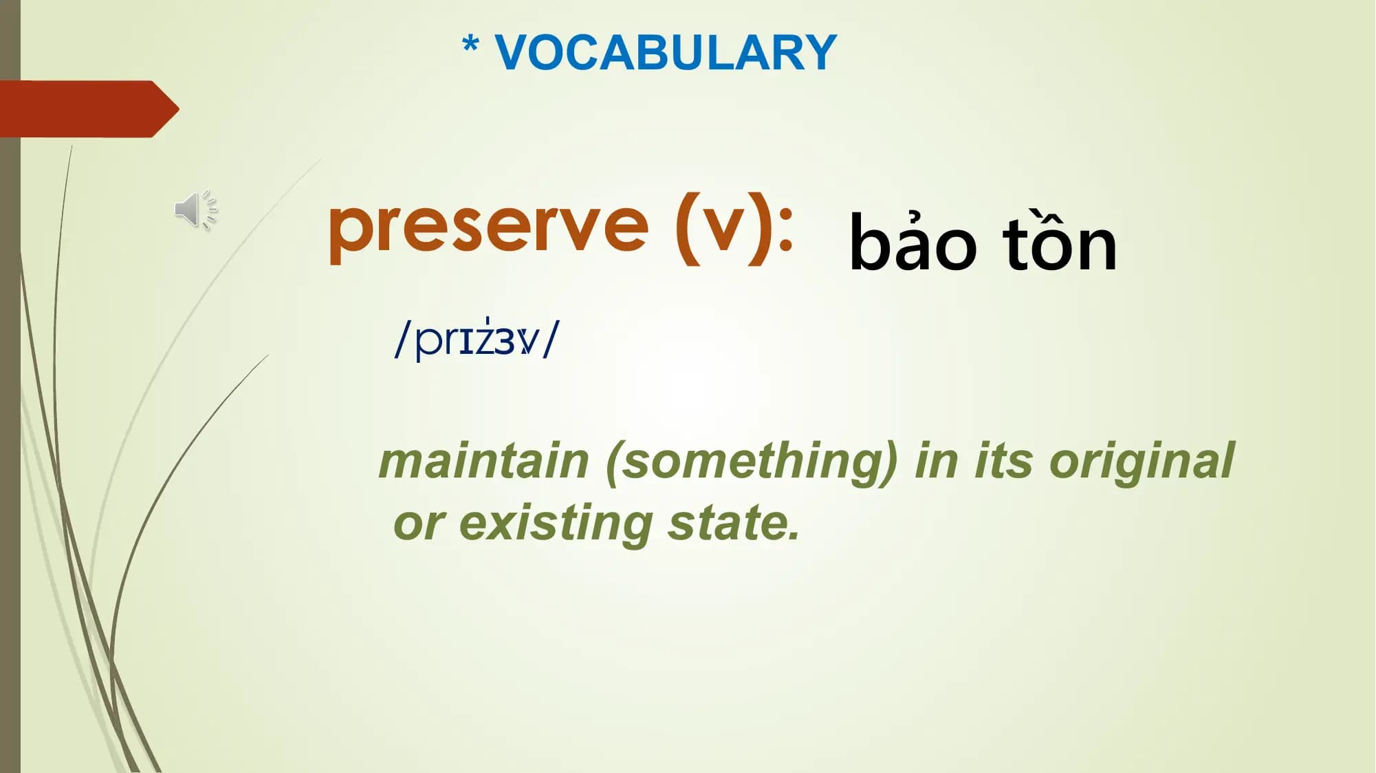 * VOCABULARY
preserve (v): bảo tồn
zɜːv/
/prɪˈ
maintain (something) in its original
or existing state.