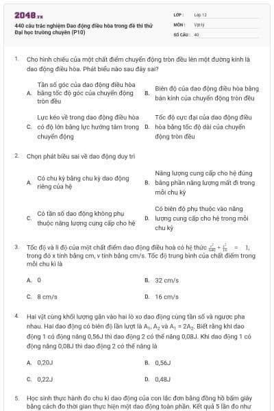 440 câu trắc nghiệm Dao động điều hòa trong đề thi thử Đại học trường chuyên (P10)
