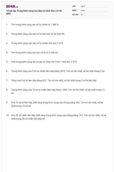 10 bài tập Trung bình cộng của dãy số cách đều (có lời giải)