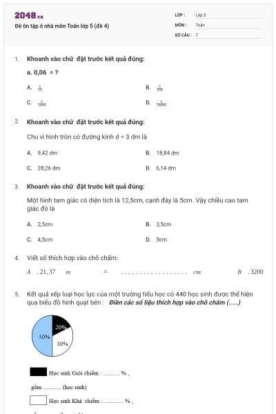 Đề ôn tập ở nhà môn Toán lớp 5 (đề 4)