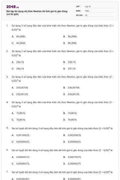 Bài tập Sử dụng nhị thức Newton để tính giá trị gần đúng (có lời giải)