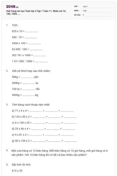 Giải Cùng em học Toán lớp 4 Tập 1 Tuần 11. Nhân với 10, 100, 1000, …