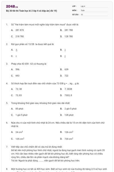 Bộ 30 Đề thi Toán học kì 2 lớp 4 có đáp án( đề 19)