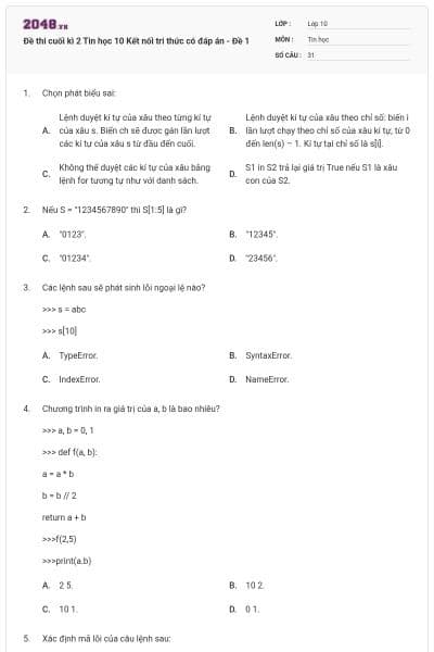 Đề thi cuối kì 2 Tin học 10 Kết nối tri thức có đáp án - Đề 1
