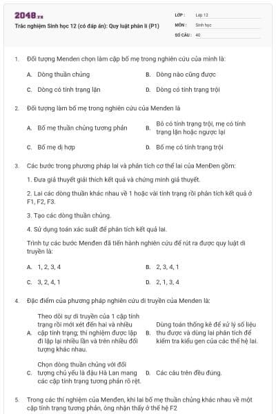 Trắc nghiệm Sinh học 12 (có đáp án): Quy luật phân li (P1)