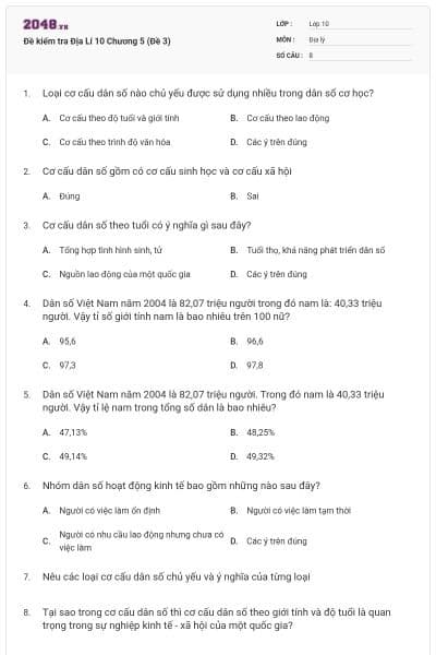 Đề kiểm tra Địa Lí 10 Chương 5 (Đề 3)
