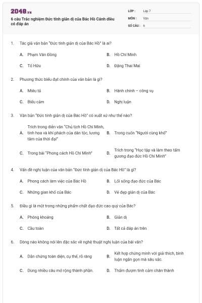 6 câu Trắc nghiệm Đức tính giản dị của Bác Hồ Cánh diều có đáp án