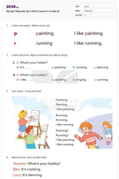 Bài tập Tiếng Anh lớp 3 Unit 5 Lesson 3 có đáp án