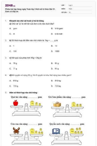 Phiếu bài tập hàng ngày Toán lớp 3 Kết nối tri thức Bài 31. Gam có đáp án