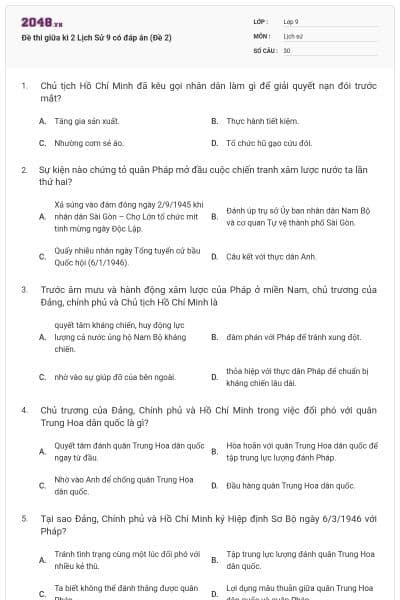 Đề thi giữa kì 2 Lịch Sử 9 có đáp án (Đề 2)