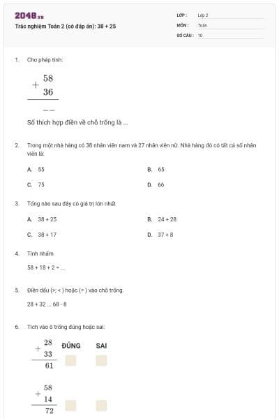 Trắc nghiệm Toán 2 (có đáp án): 38 + 25