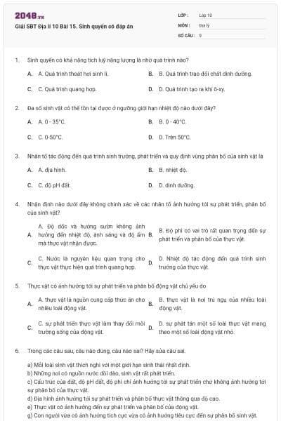 Giải SBT Địa lí 10 Bài 15. Sinh quyển có đáp án