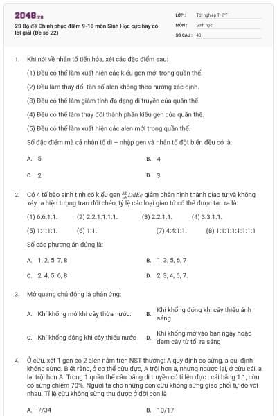 20 Bộ đề Chinh phục điểm 9-10 môn Sinh Học cực hay có lời giải (Đề số 22)