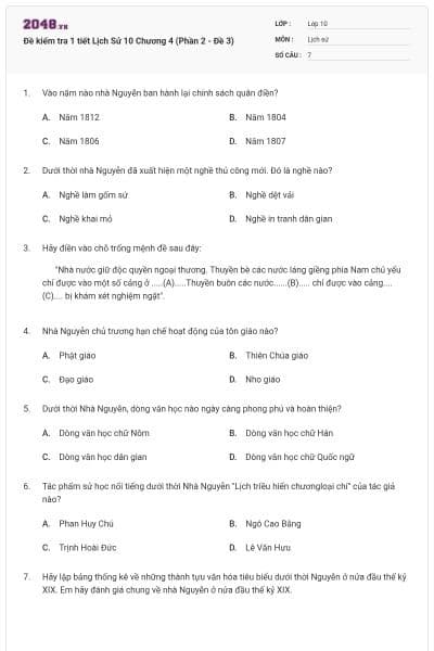 Đề kiểm tra 1 tiết Lịch Sử 10 Chương 4 (Phần 2 - Đề 3)