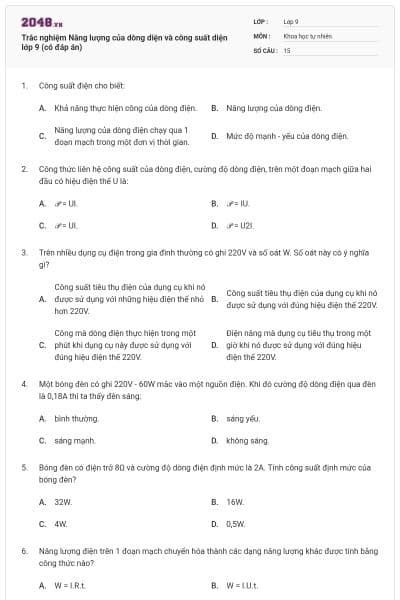 Trắc nghiệm Năng lượng của dòng diện và công suất diện lớp 9 (có đáp án)
