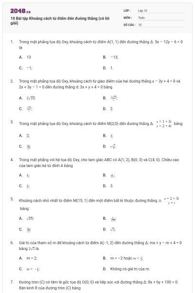 10 Bài tập Khoảng cách từ điểm đến đường thẳng (có lời giải)