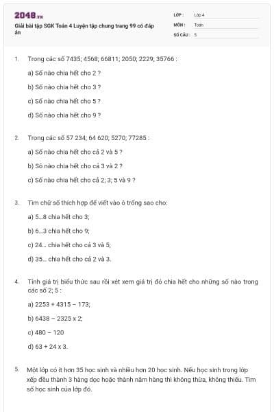 Giải bài tập SGK Toán 4 Luyện tập chung trang 99 có đáp án
