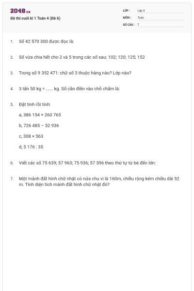 Đề thi cuối kì 1 Toán 4 (Đề 6)