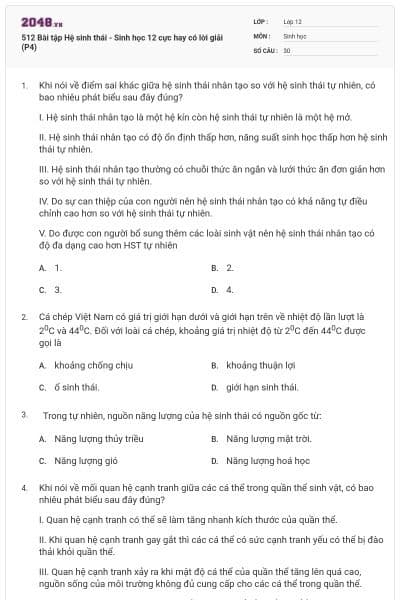512 Bài tập Hệ sinh thái - Sinh học 12 cực hay có lời giải (P4)