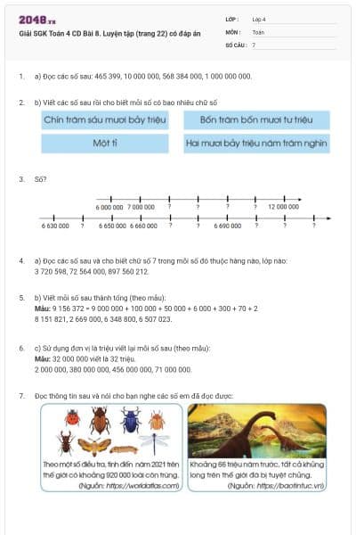 Giải SGK Toán 4 CD Bài 8. Luyện tập (trang 22) có đáp án