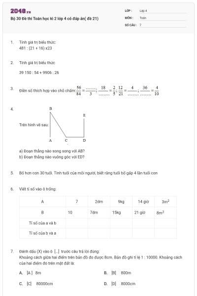 Bộ 30 Đề thi Toán học kì 2 lớp 4 có đáp án( đề 21)