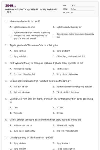 Đề kiểm tra 15 phút Tin học 6 Học kì 1 có đáp án (Bài số 1 - Đề 2)