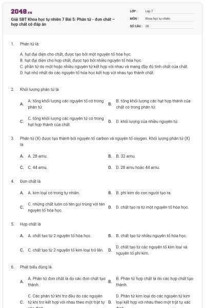 Giải SBT Khoa học tự nhiên 7 Bài 5: Phân tử - đơn chất – hợp chất có đáp án